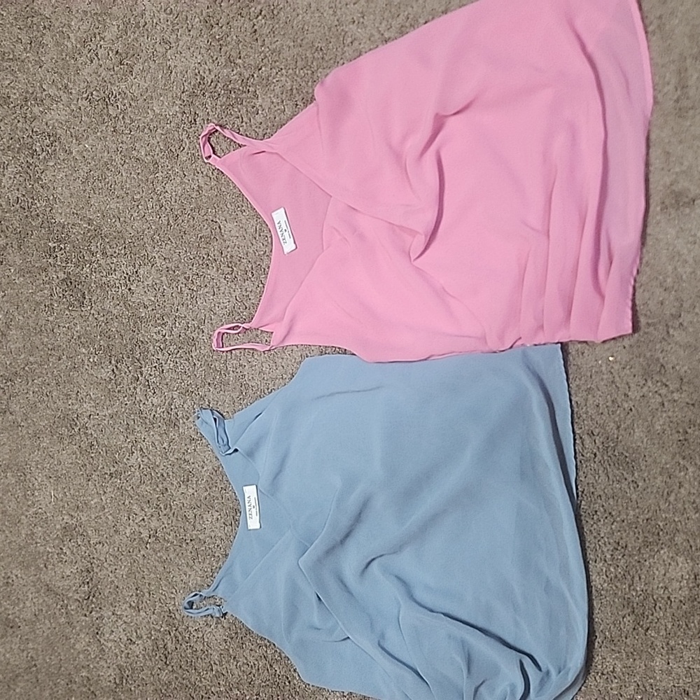 Zenana Medium Sleeveless Blouse Bundle Pink & Blue Draped Button Detail Tops